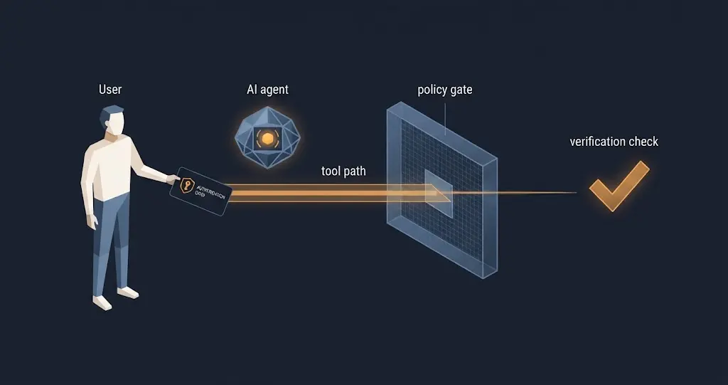 Illustration of an AI agent carrying a bounded delegation from a user through an authorization and verification boundary