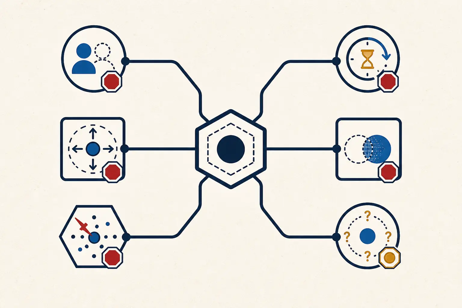 Illustration of delegated AI agent failure modes ending in stop or review decisions
