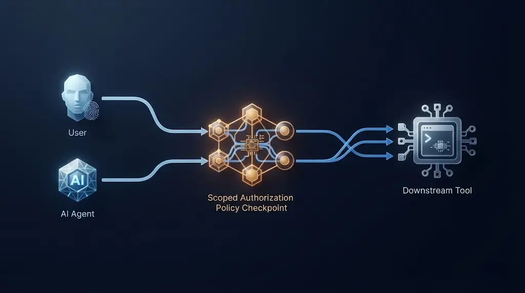 Illustration of separate user and agent identities carried through a scoped authorization chain