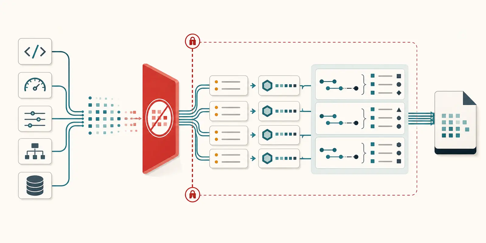 Illustration of a code-first audit exporter with redaction and version fields before telemetry reaches a backend