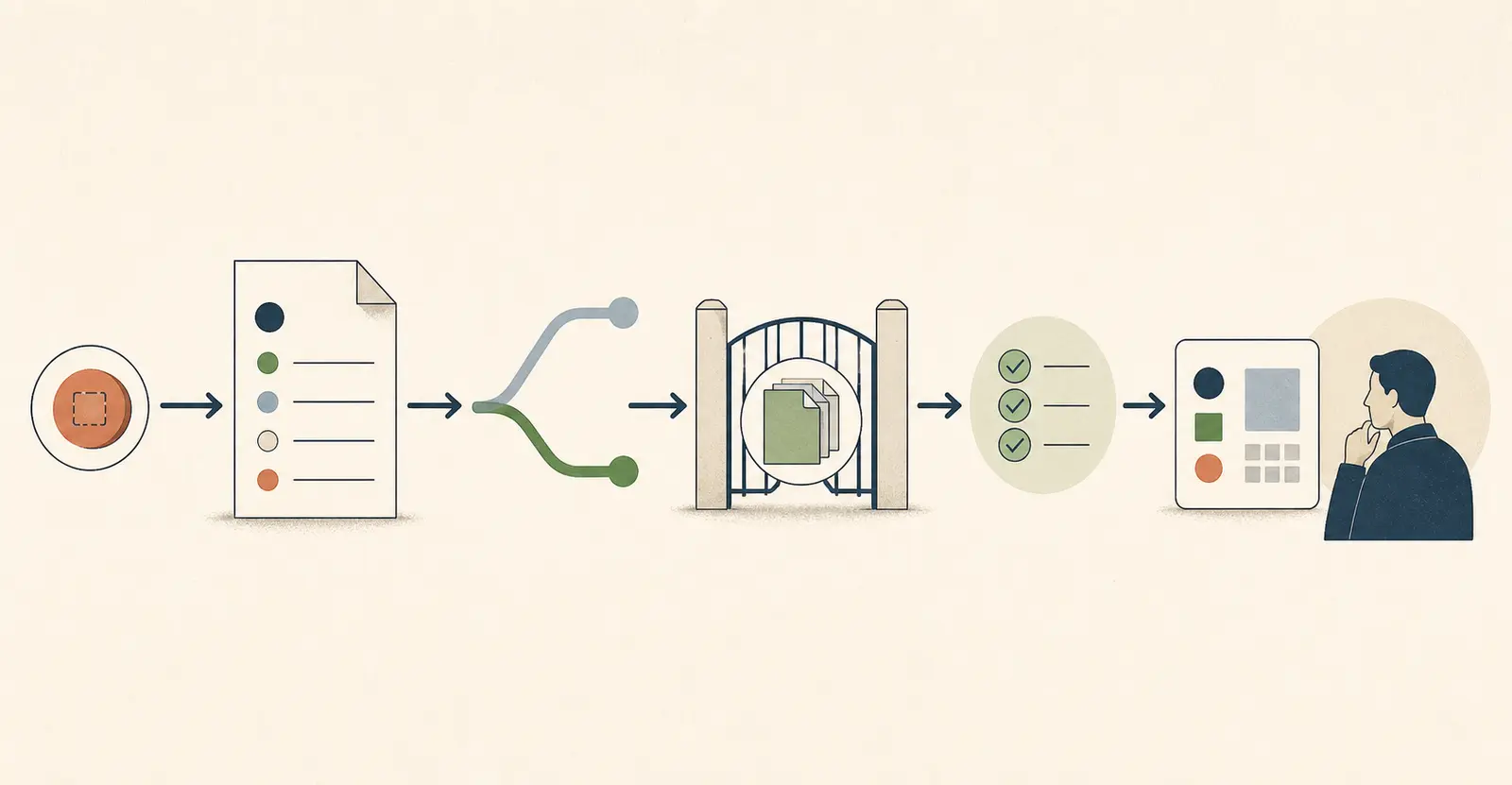Illustration of an AI coding agent moving one bounded issue through a plan, branch, checks, receipt, and human review
