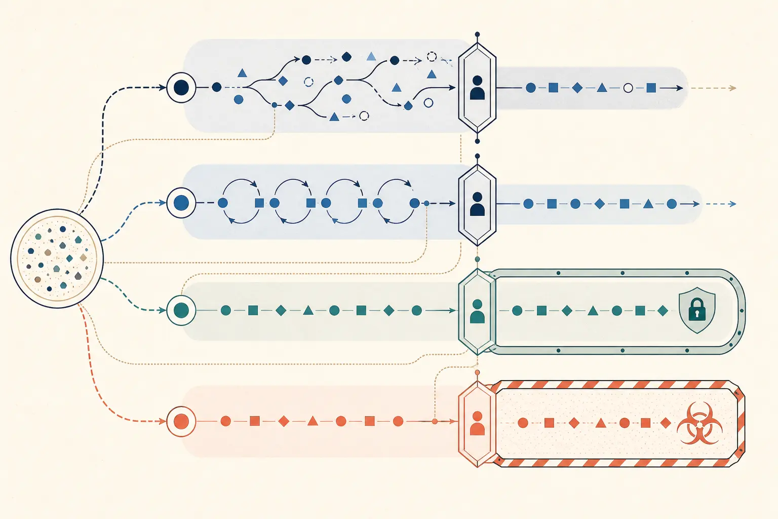 Illustration of development, regression, holdout, and quarantine lanes separated by provenance and tuning boundaries
