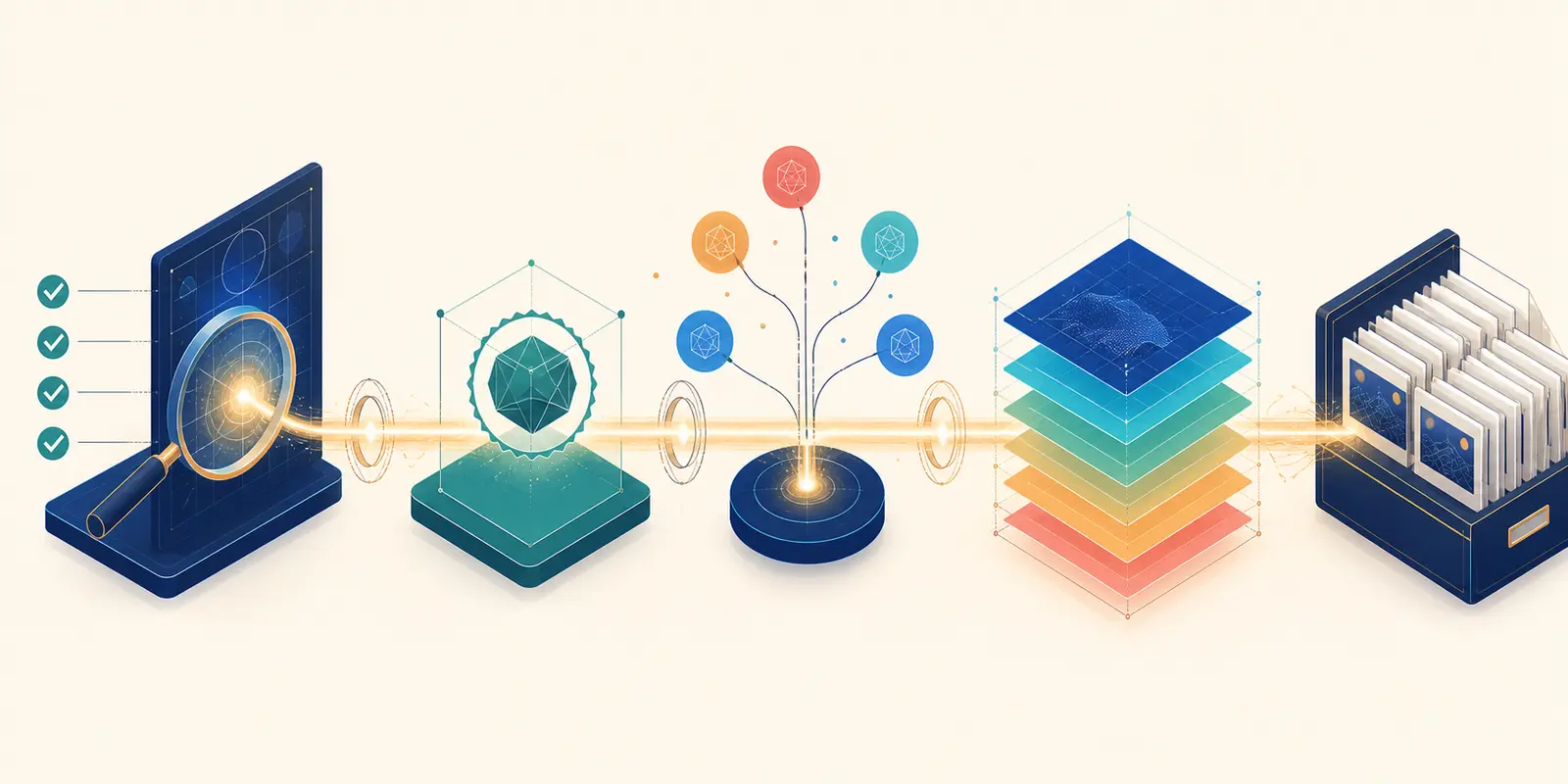 Illustration of a production trace moving through review, verification, and versioning before becoming a regression case