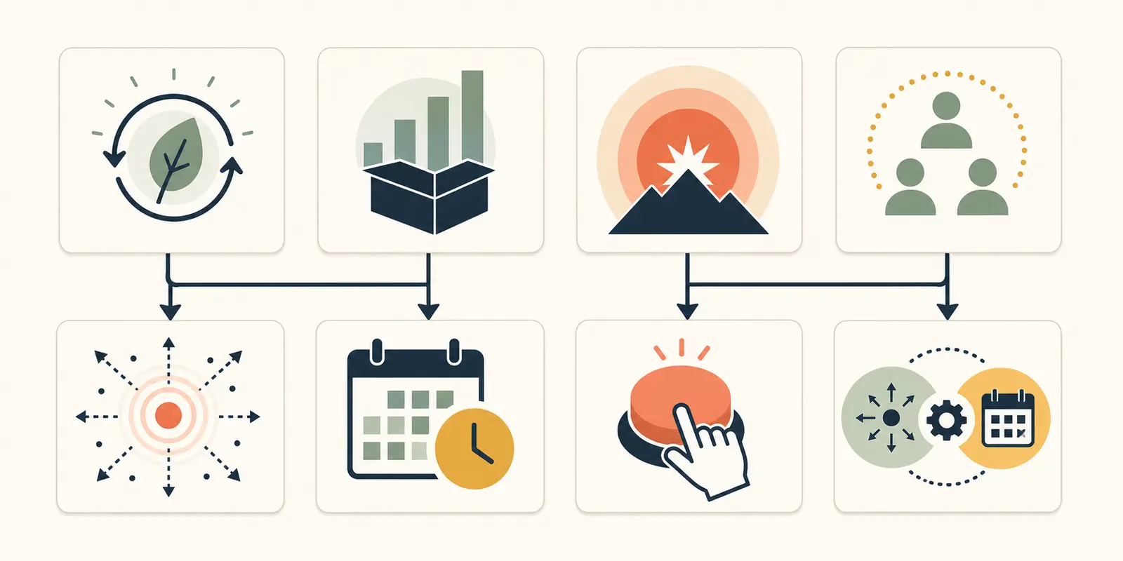 A clean decision worksheet diagram showing freshness, volume, consequence, and human availability flowing into event, scheduled, manual, and hybrid trigger choices