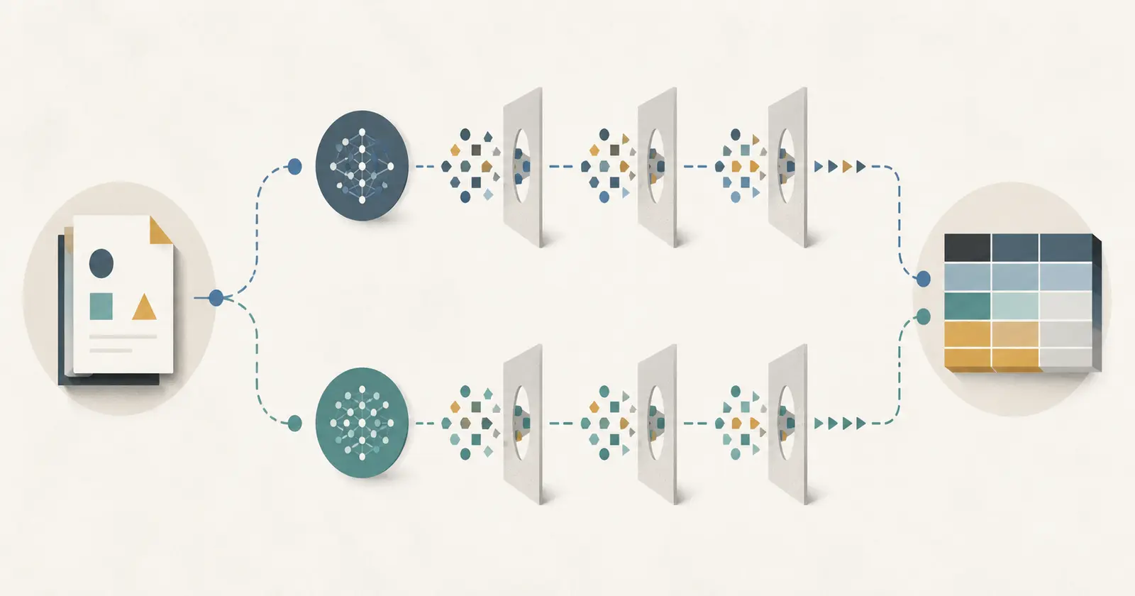 Illustration of two AI model evaluation paths being tested against the same business task gate