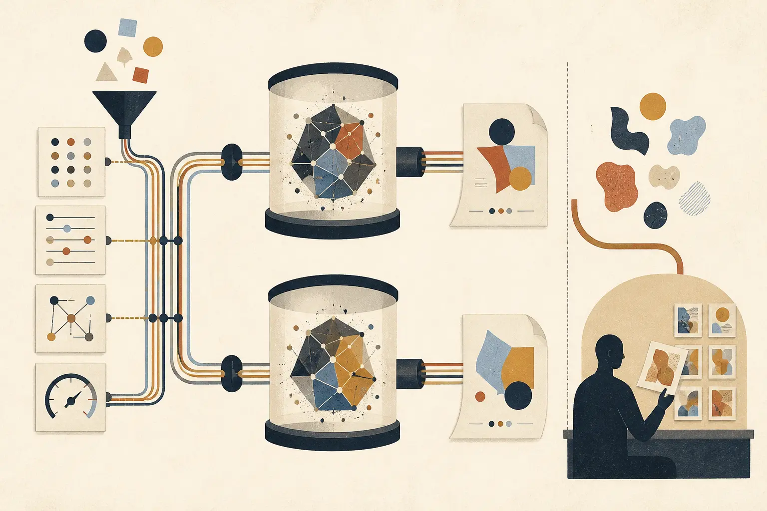 Illustration of a controlled AI model comparison with frozen inputs and anonymized outputs