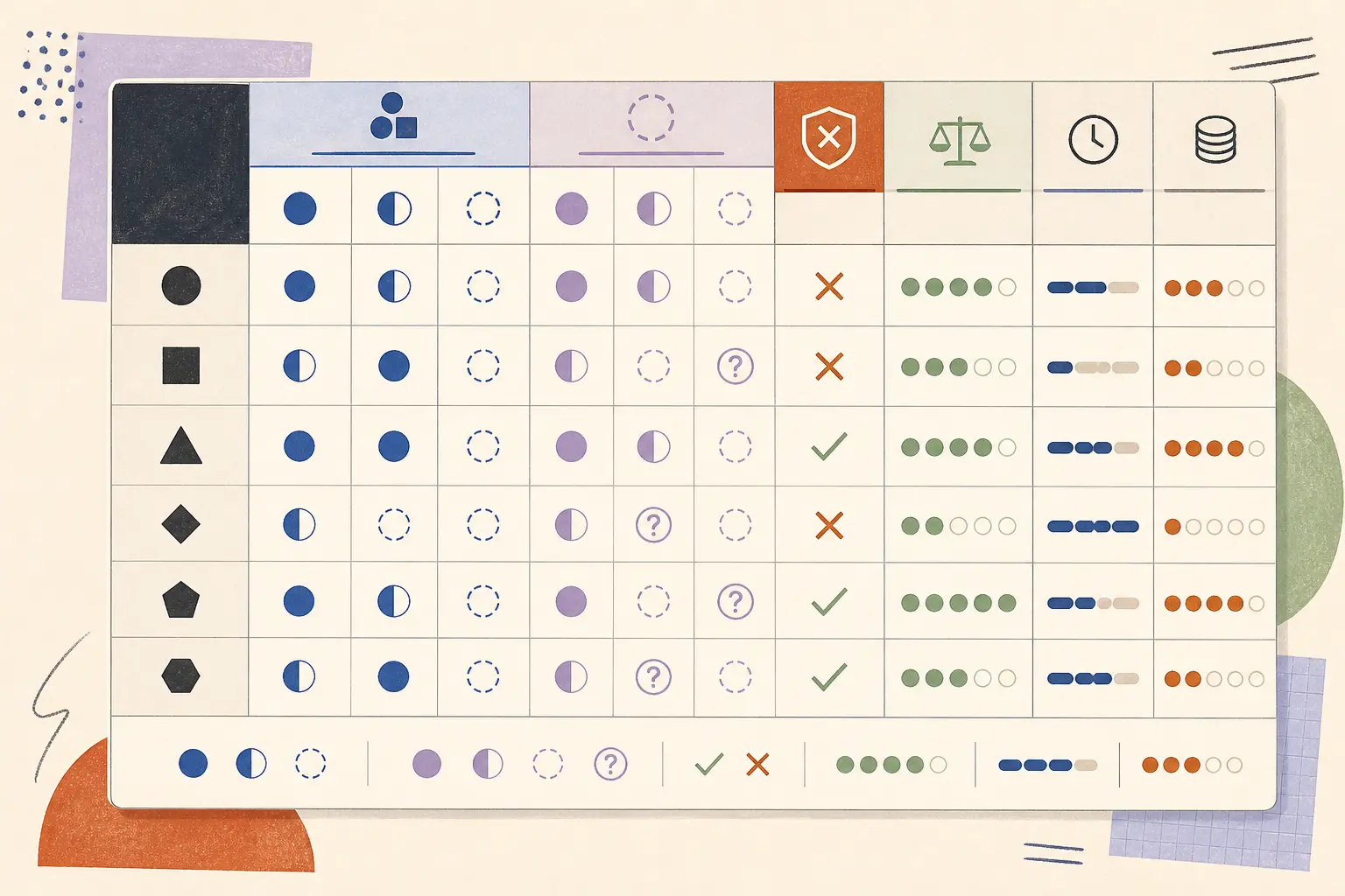 Illustration of an AI model comparison scorecard with task buckets, vetoes, and operating measures