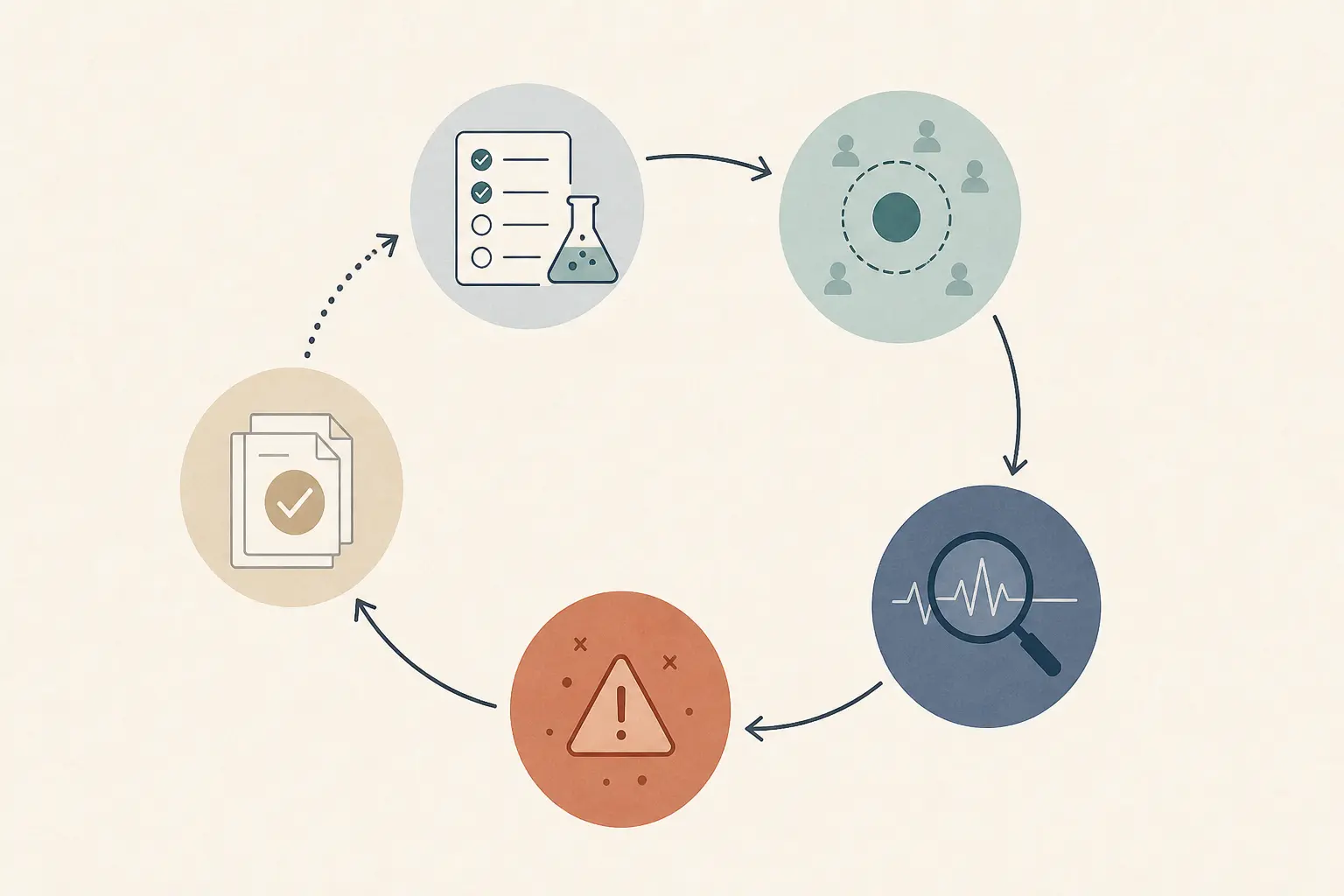 Illustration of an AI model evaluation loop from offline tests to staged rollout and regression learning