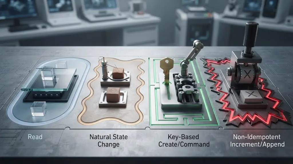 Four tool-effect classes compared from read operations through key-based commands to non-idempotent actions
