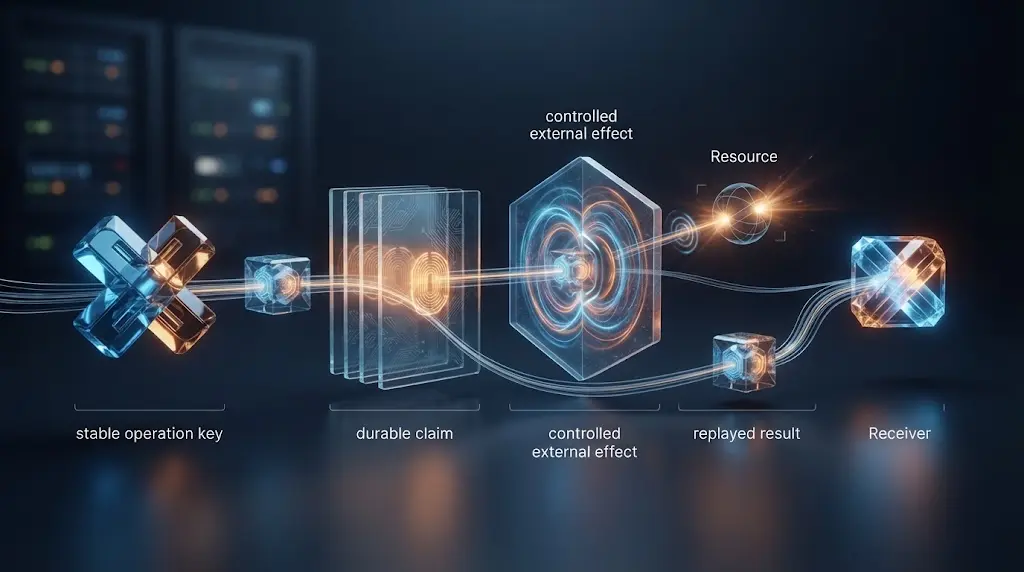 A clean editorial diagram showing one AI-agent tool request passing through an operation key, durable claim, effect boundary, and replayed result