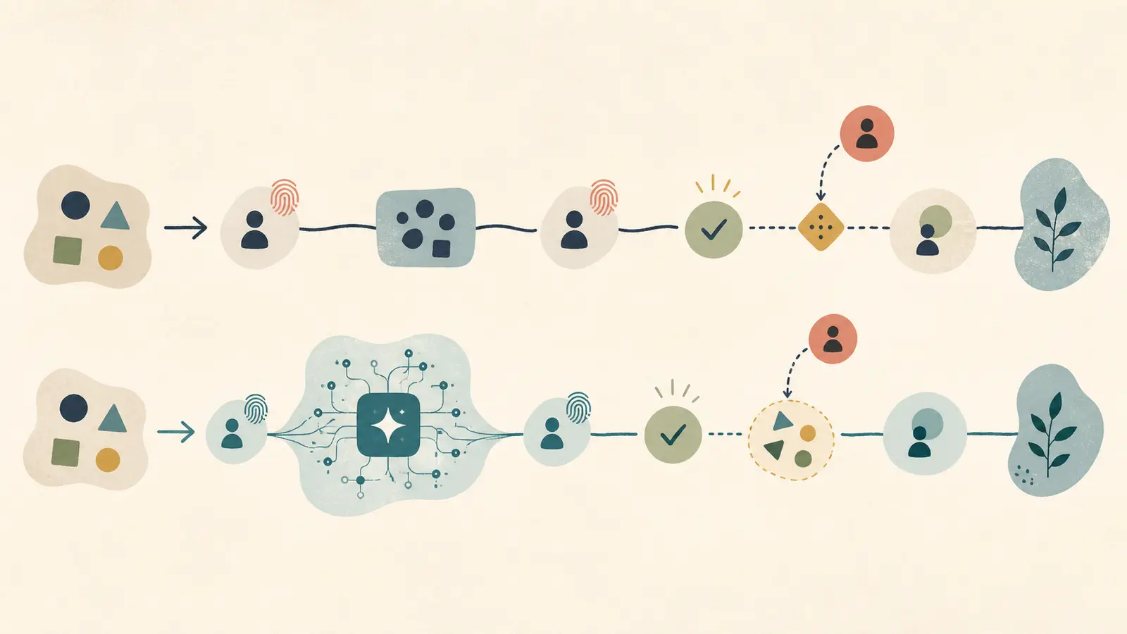 Illustration of a hidden-work ledger comparing a manual workflow with an AI-assisted workflow