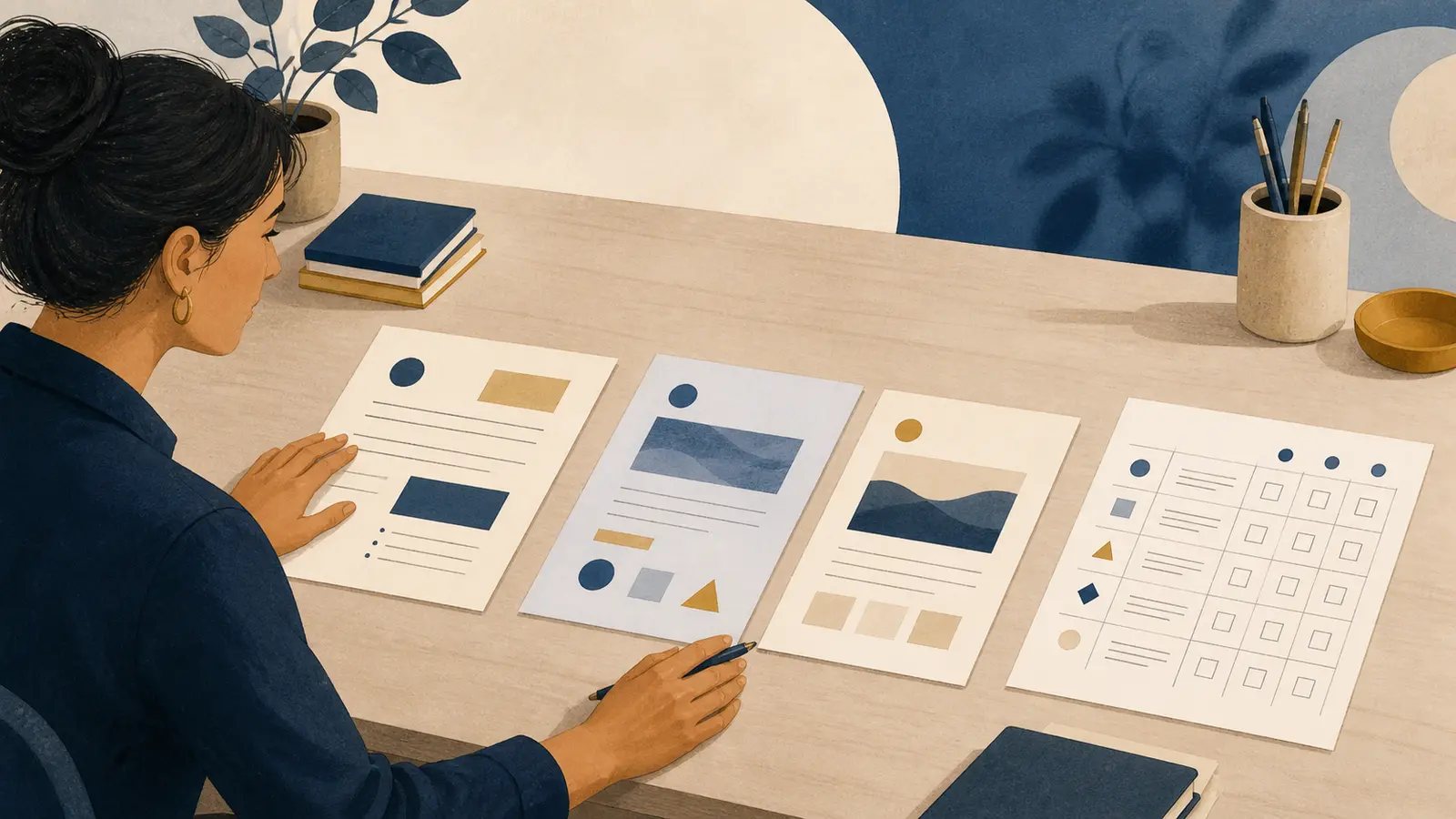 Illustration of a learner comparing two AI work outputs against a real-world rubric