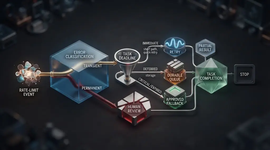 Illustration of AI agent rate-limit recovery decisions