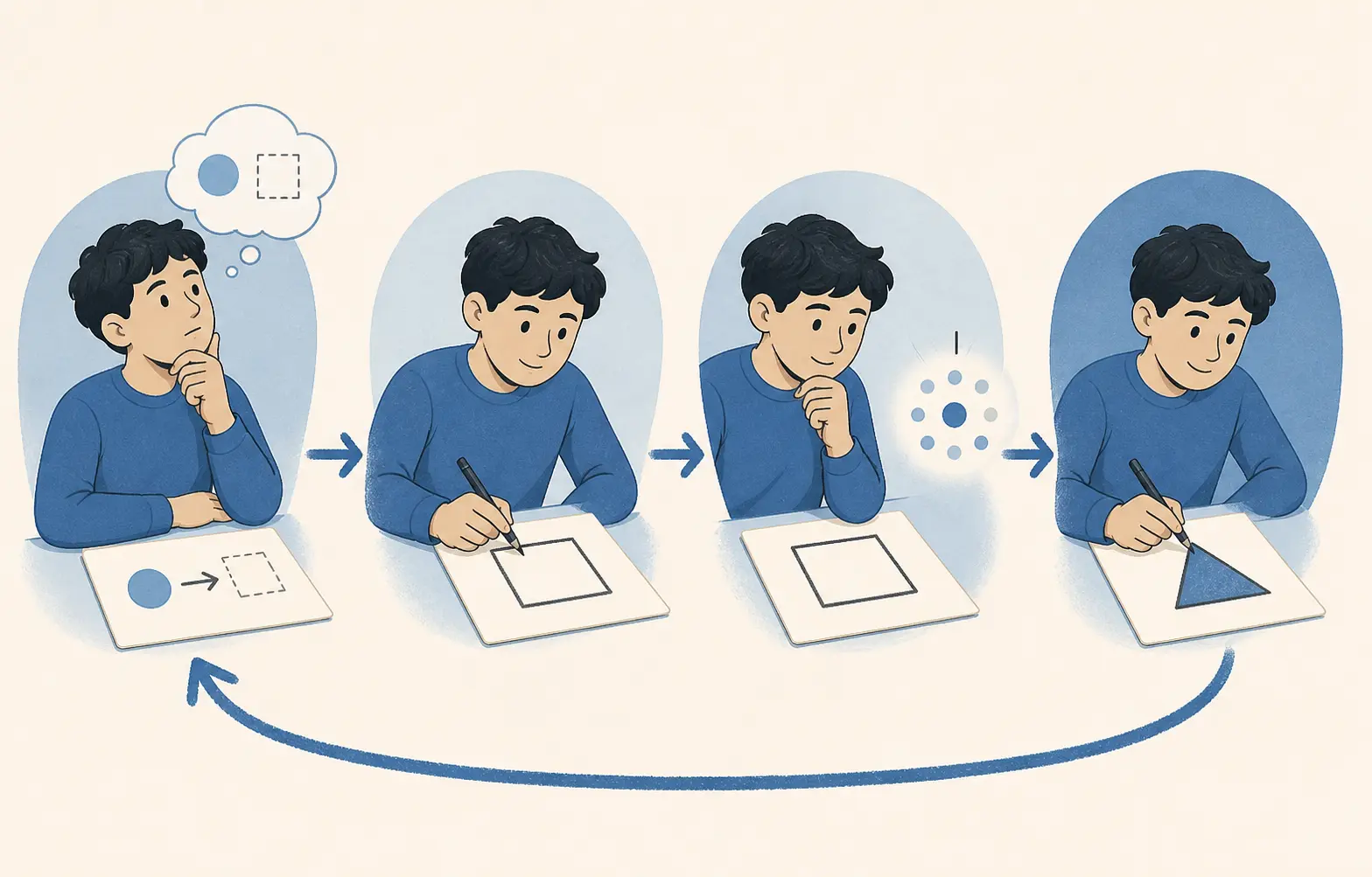Illustration of an AI learner moving from a familiar task card to a changed task card with support fading