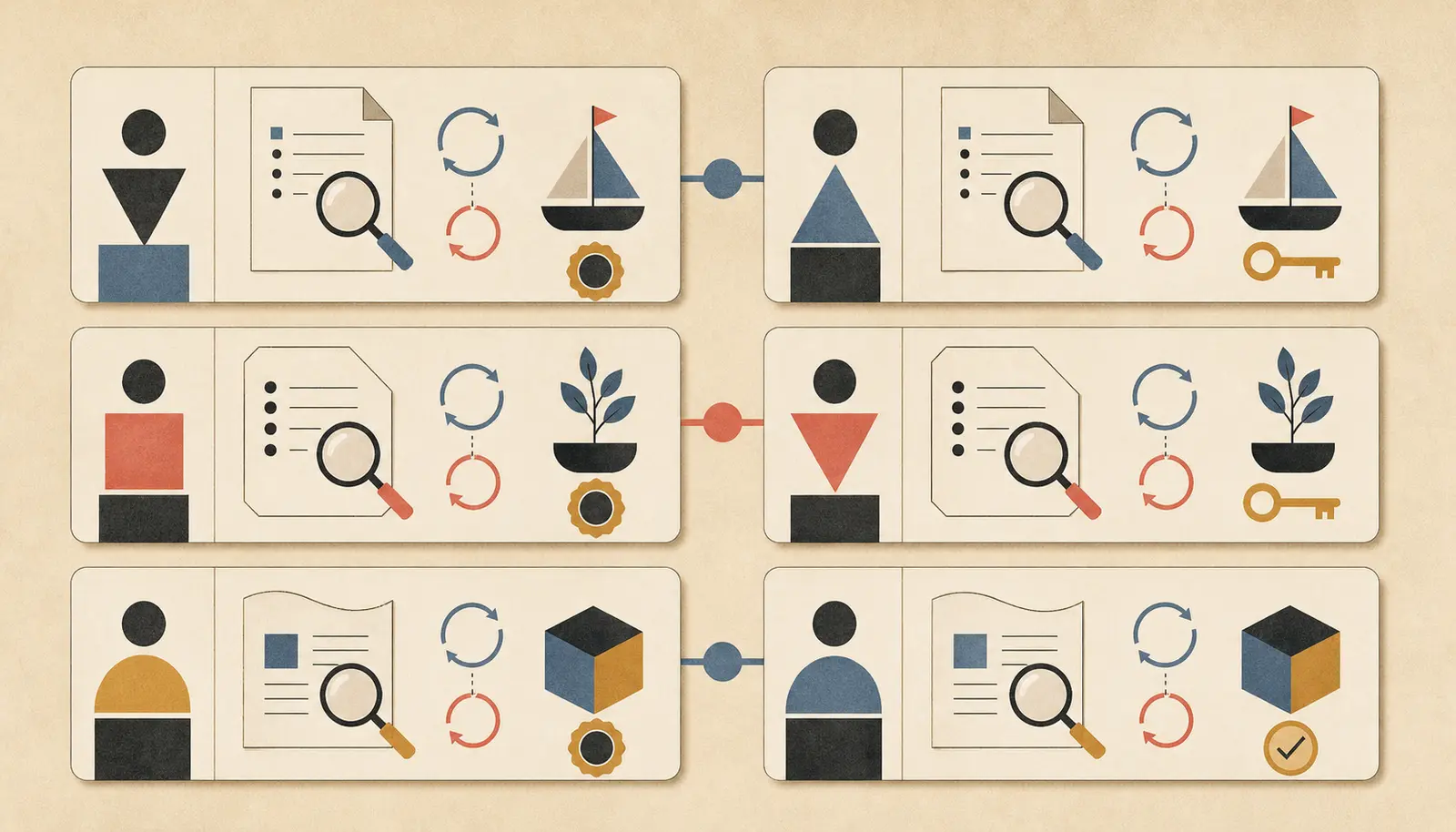 Illustration of three matched AI practice task pairs with shared decision structure and changed surface details