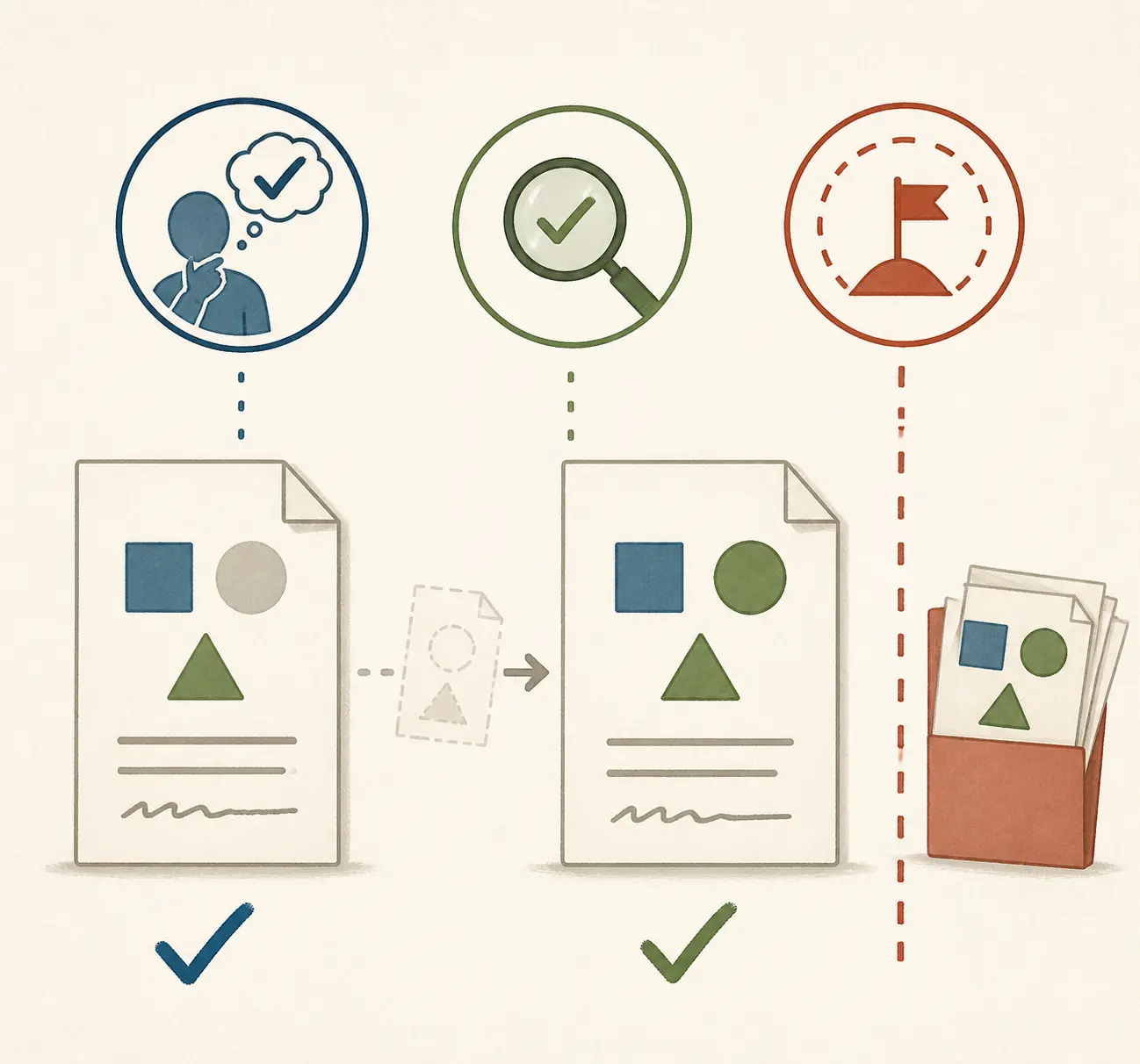 Illustration of a faded AI hint and a rubric checking judgment, verification, and escalation