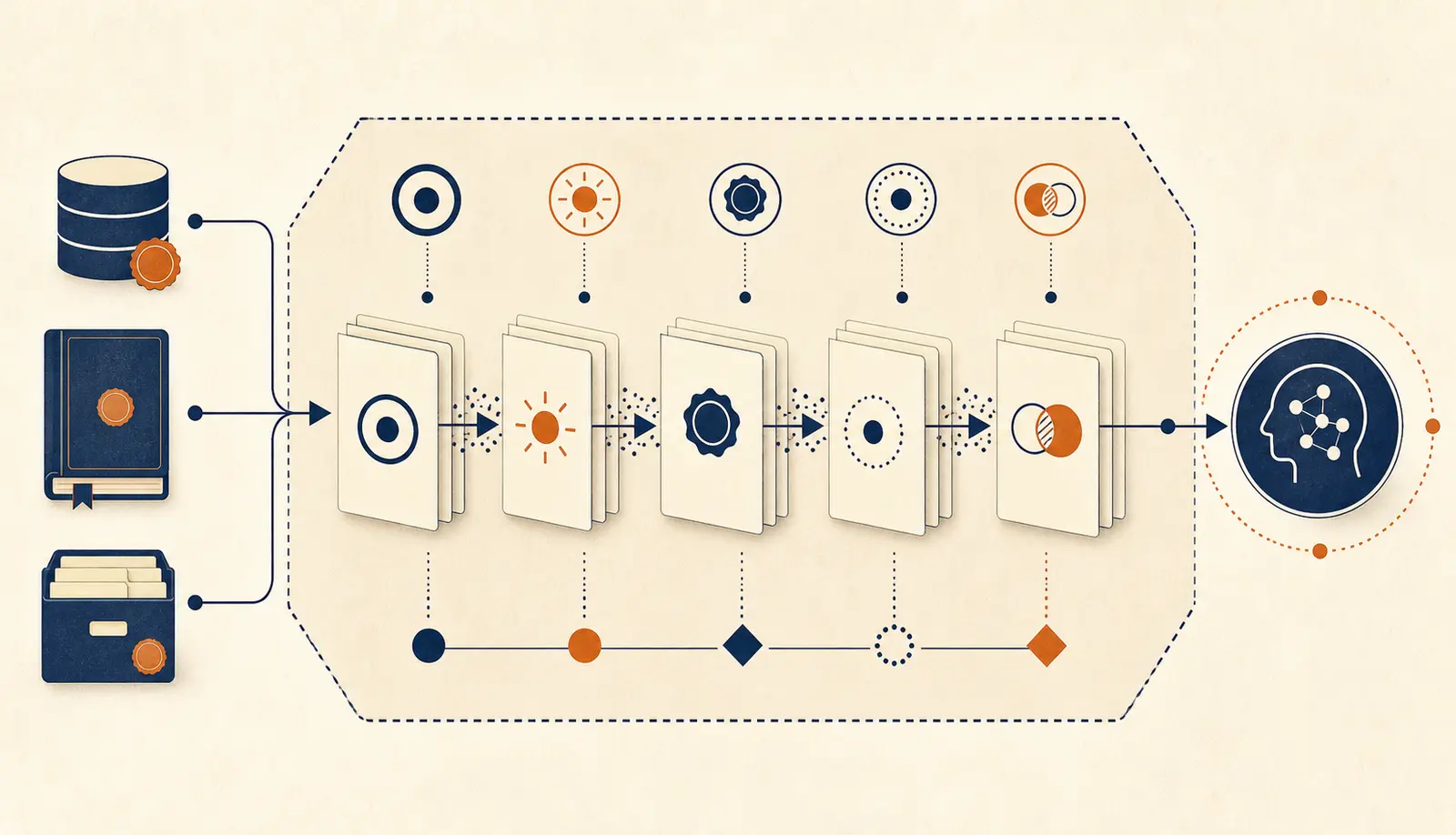 Illustration of a bounded context slice flowing from authoritative records into an AI agent with freshness, scope, and provenance labels