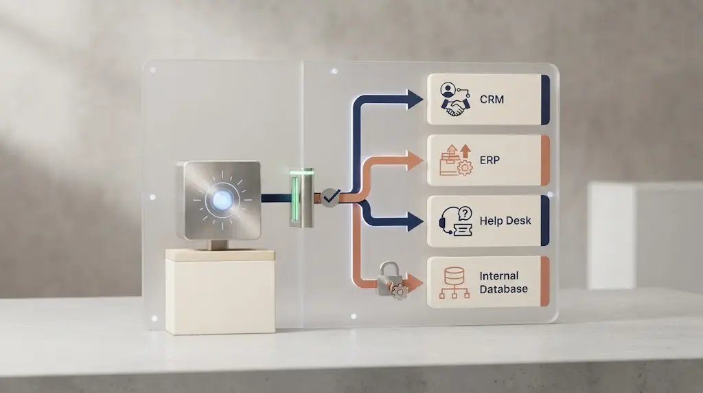 Illustration of an AI agent adapter connecting existing business systems through verified tools and approval boundaries