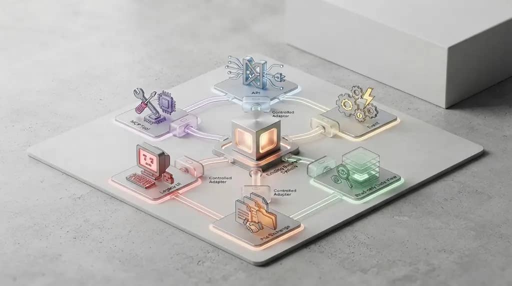 Illustration of API, event, database, file, legacy UI, and MCP integration surfaces