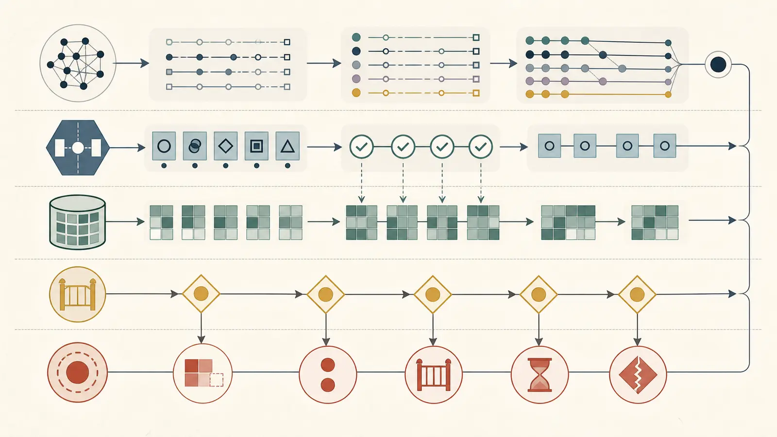 Illustration of an AI agent integration test matrix connecting model traces to adapter contracts, business states, and approval outcomes