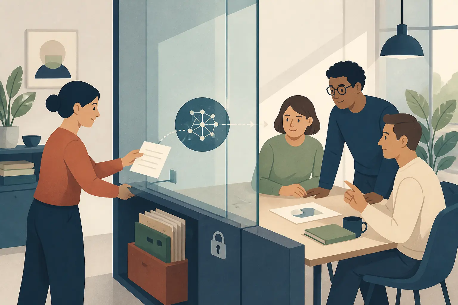 Illustration of a small team separating low-risk AI practice from confidential material