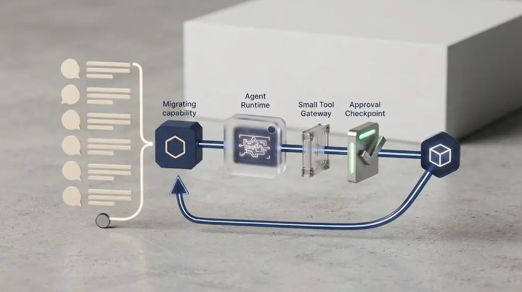 Illustration of a chatbot route gradually handing one verified capability to an AI agent while preserving a rollback path