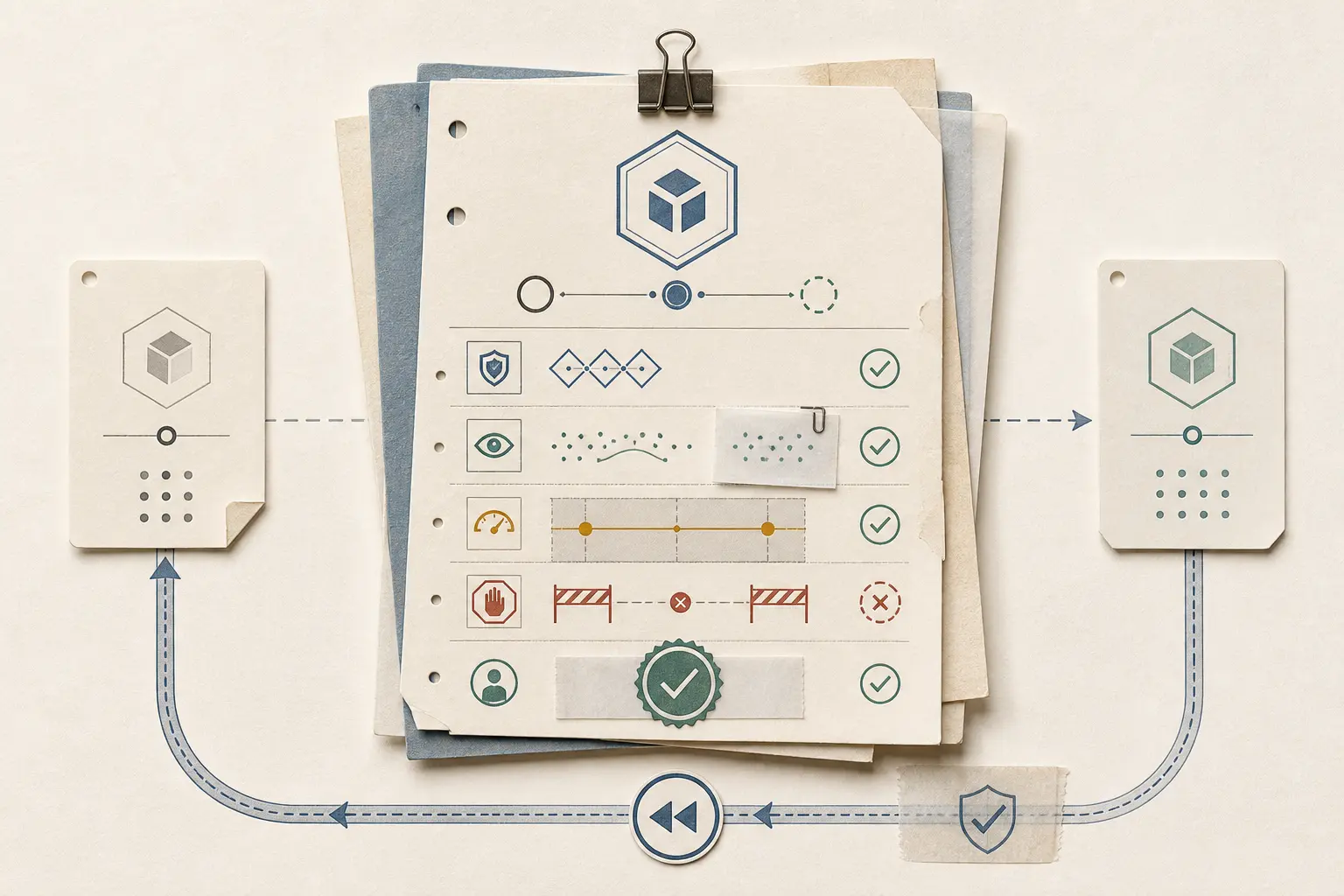 Illustration of a completed AI model rollout record with version identities, evidence links, vetoes, owner approval, and a tested rollback route
