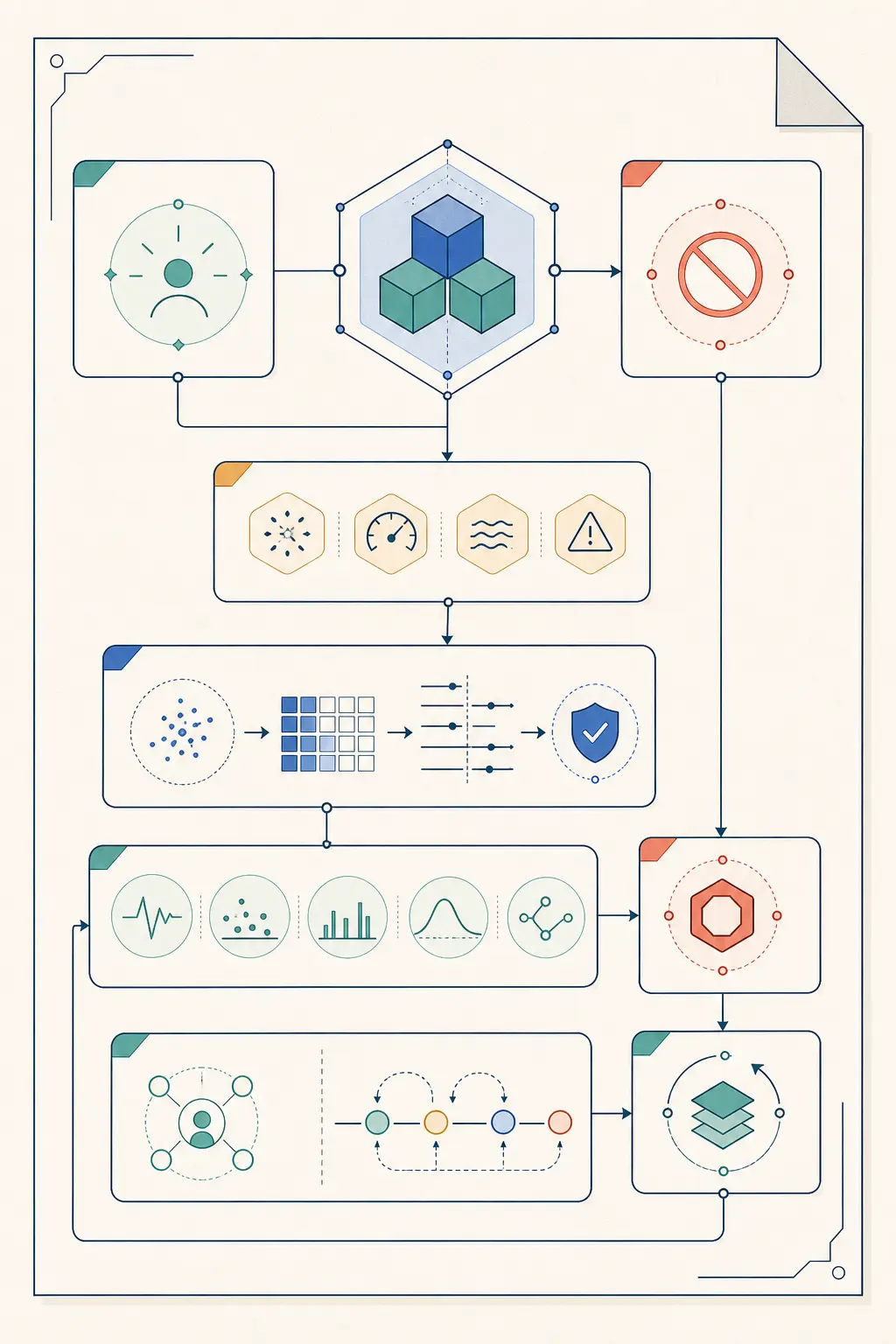 Illustration of a release record connecting outcomes, safeguards, evidence, and rollback