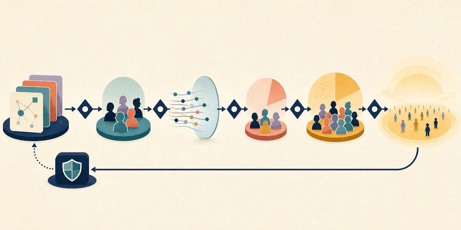 Illustration of staged AI feature exposure with evidence gates and a fallback path