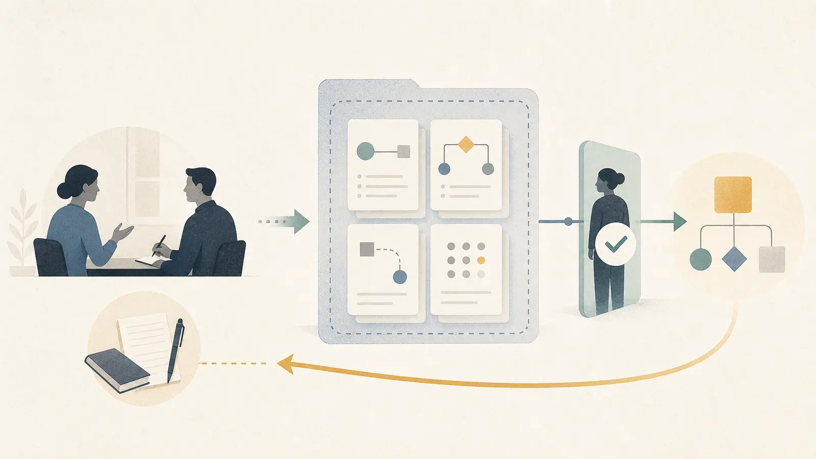 Illustration of a frontline interview becoming a bounded AI experiment packet