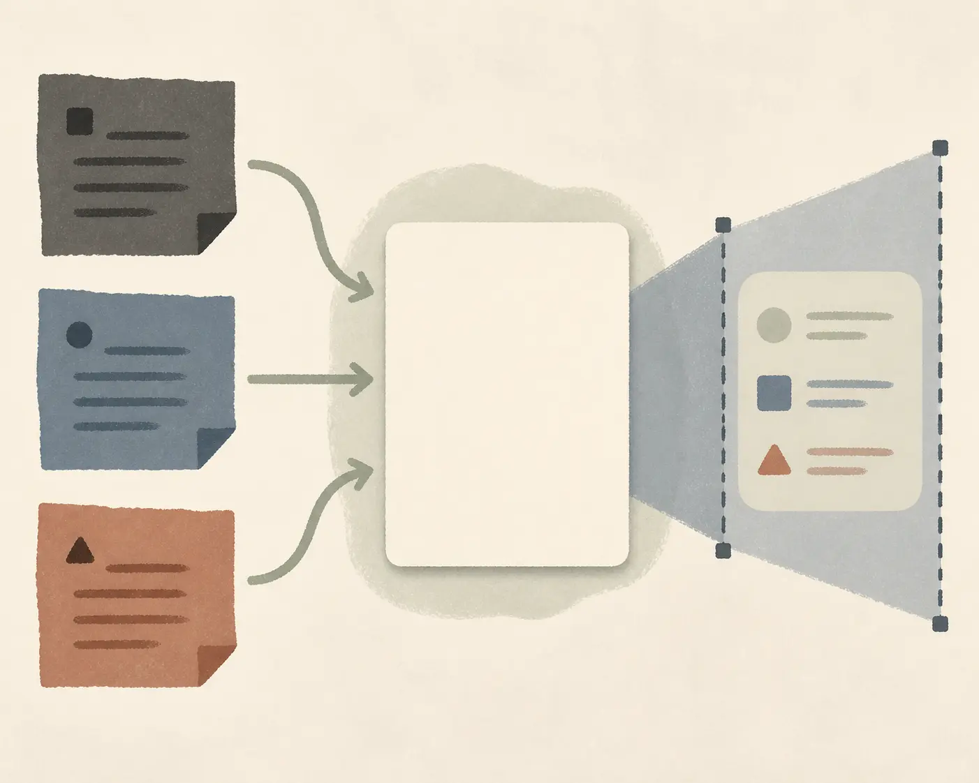 Illustration of three operational interviews converging into one bounded opportunity card