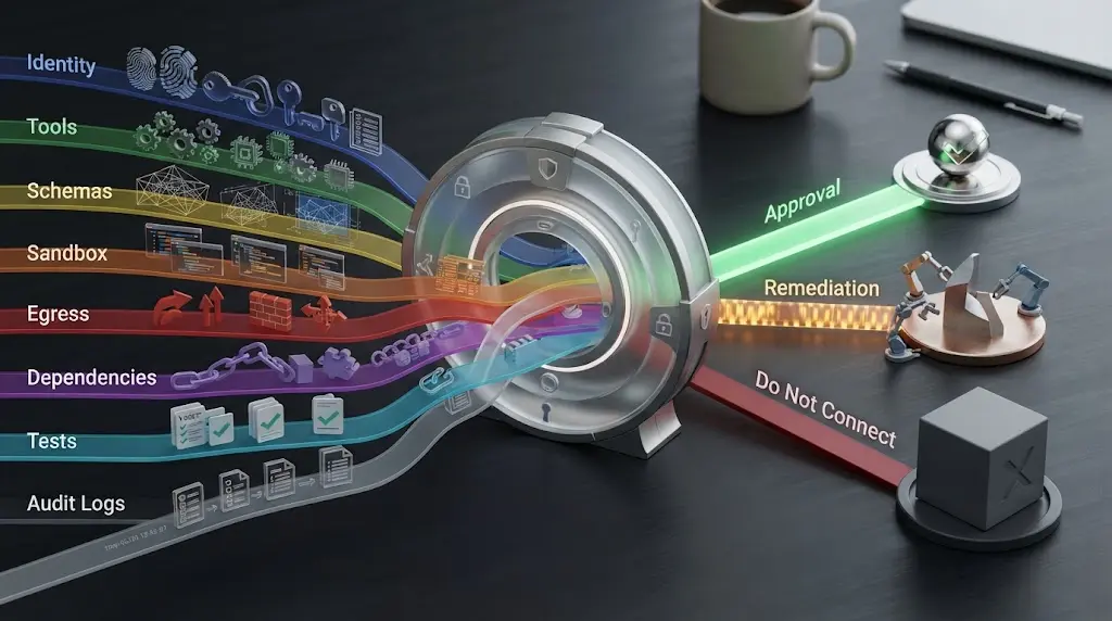 Illustration of an MCP security gate turning deployment evidence into approve, remediate, or do-not-connect decisions