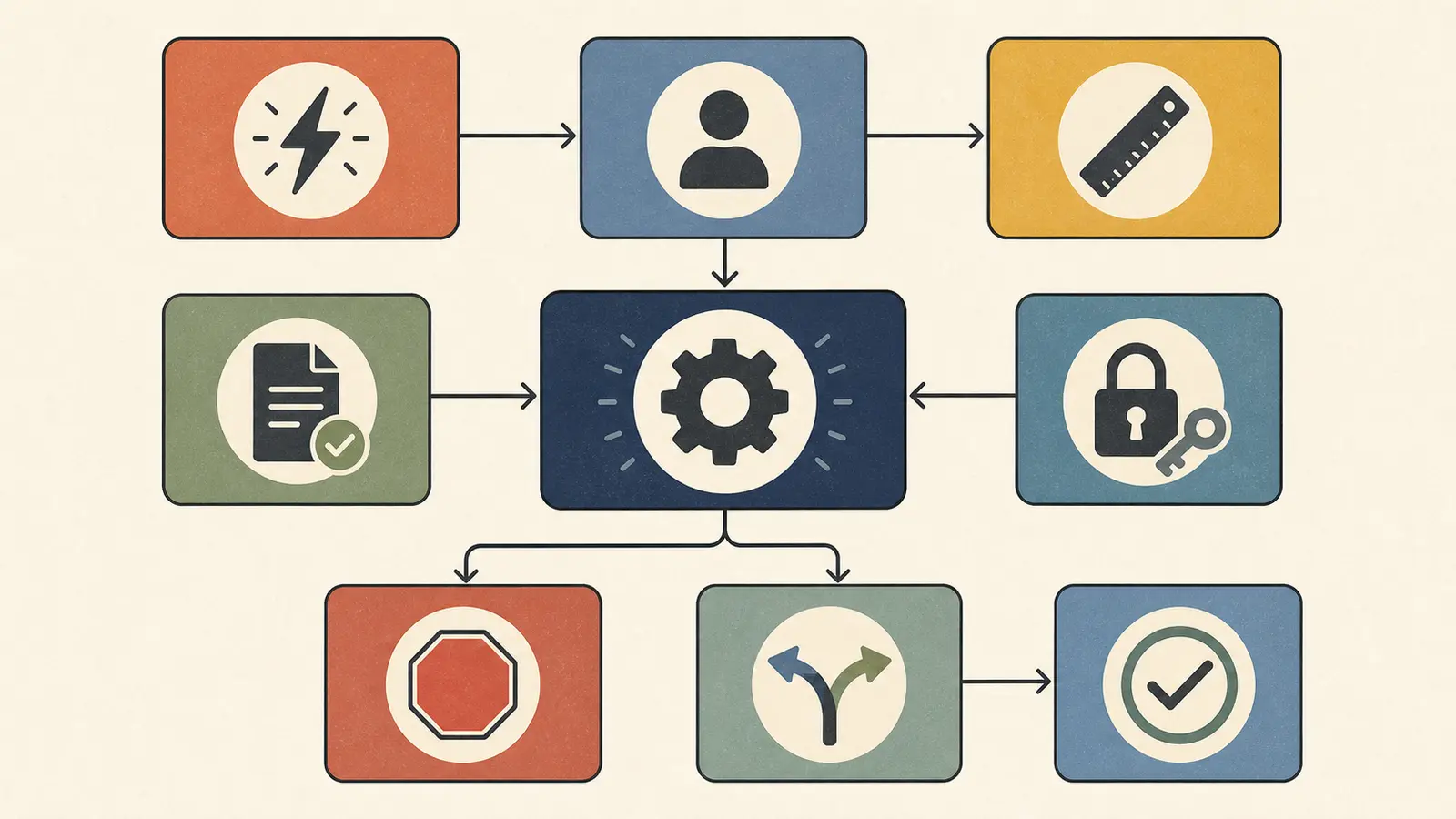 Illustration of a process readiness card with trigger, owner, baseline, evidence, permissions, and fallback fields