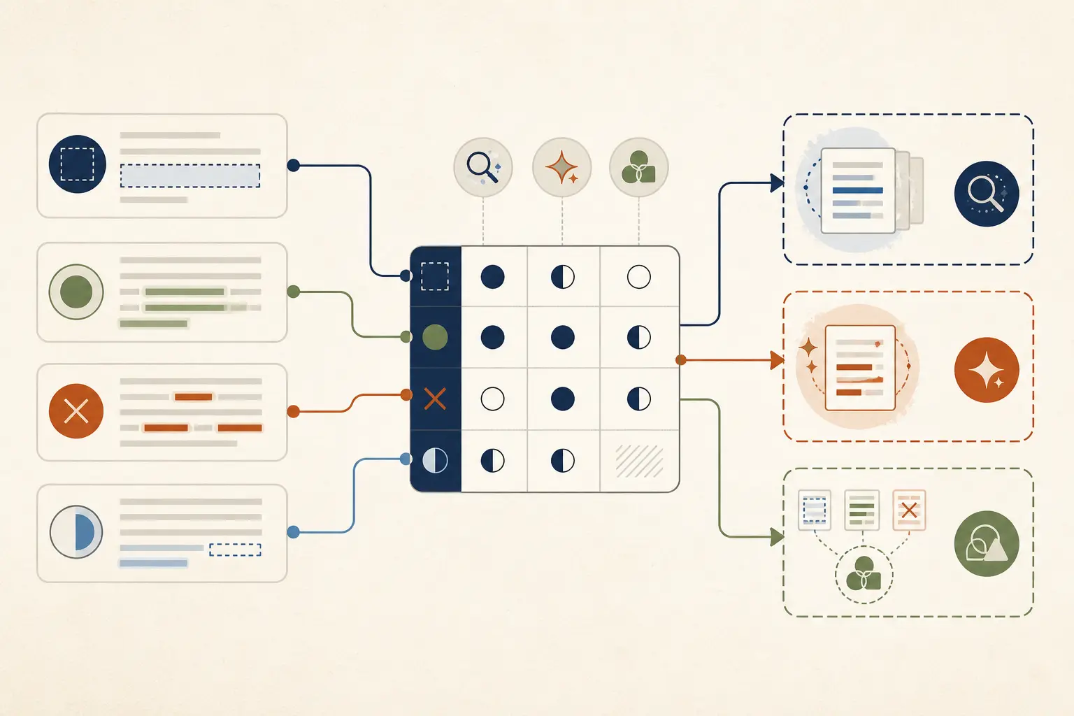Illustration of a RAG repair matrix connecting trace evidence to retrieval fixes, generation fixes, and verification cases