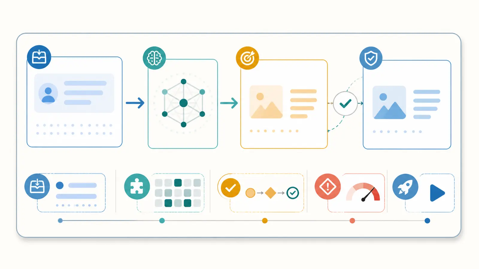 Illustration of an AI feature test packet moving from authored cases through assertions to a release decision