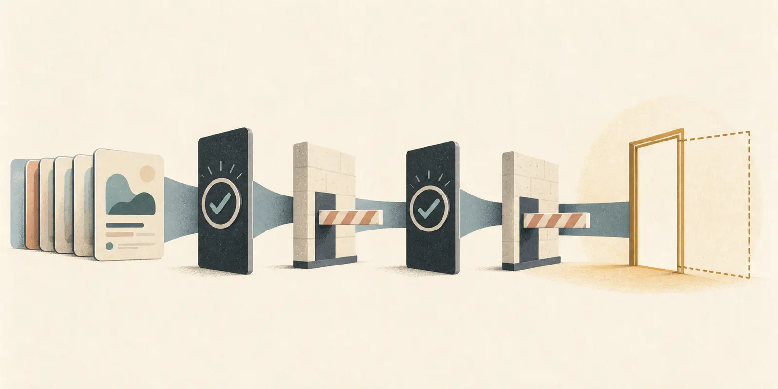 Illustration of an AI feature test packet moving from authored cases to a provisional release decision