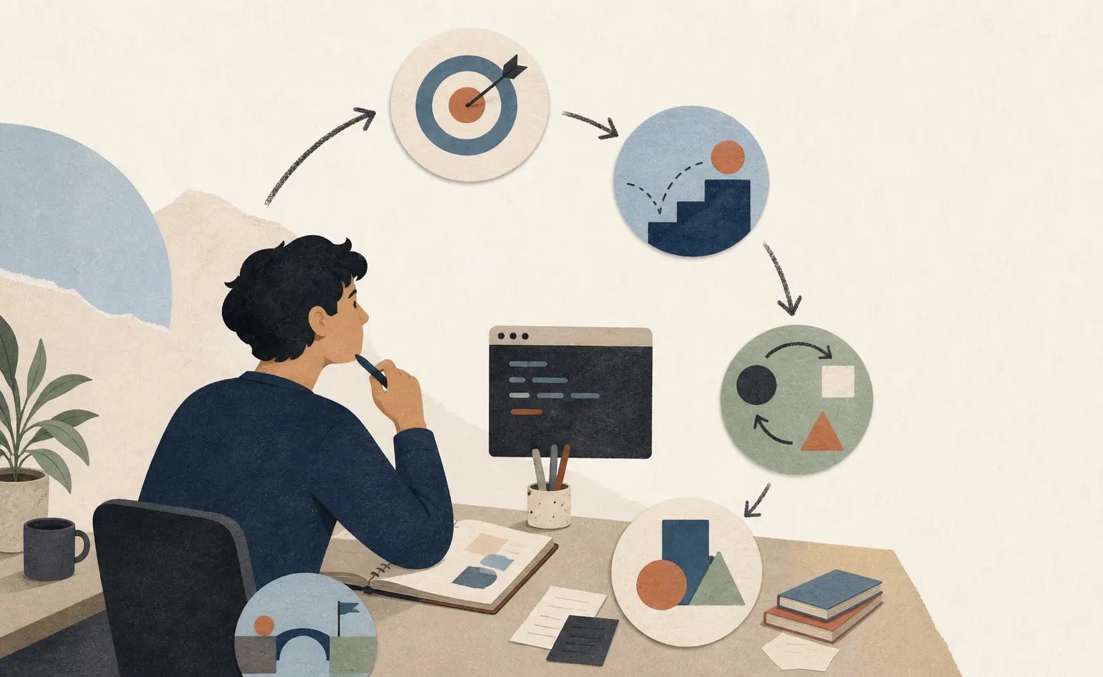 Illustration of an AI-assisted technical skill learning loop from goal to independent transfer