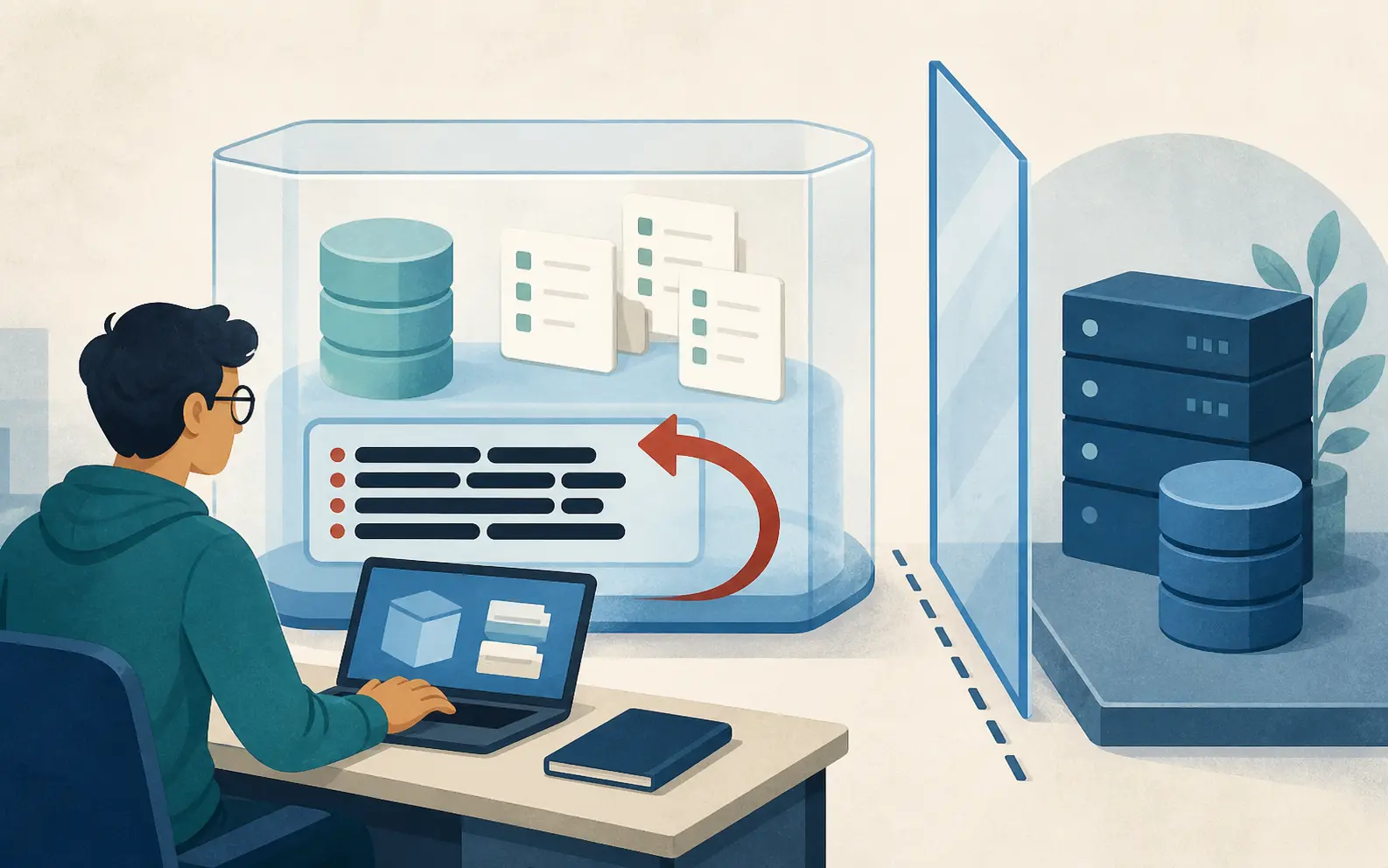 Illustration of a safe sandbox with sample data and a rollback boundary for technical practice