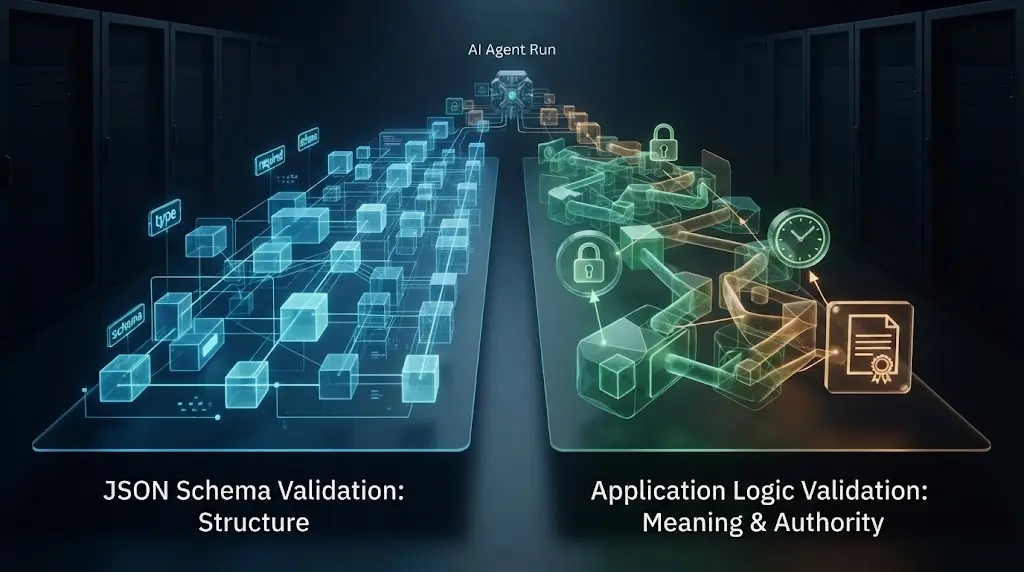 Illustration of JSON Schema structure checks paired with semantic application validation.
