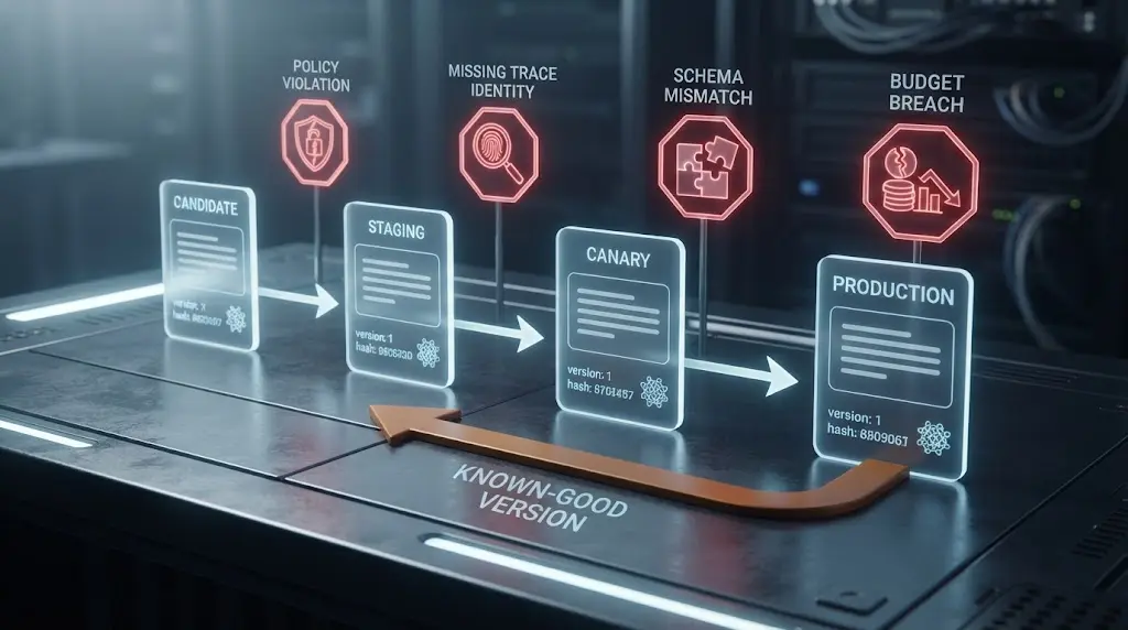 Illustration of staging, canary, production promotion, stop conditions, and a rollback pointer