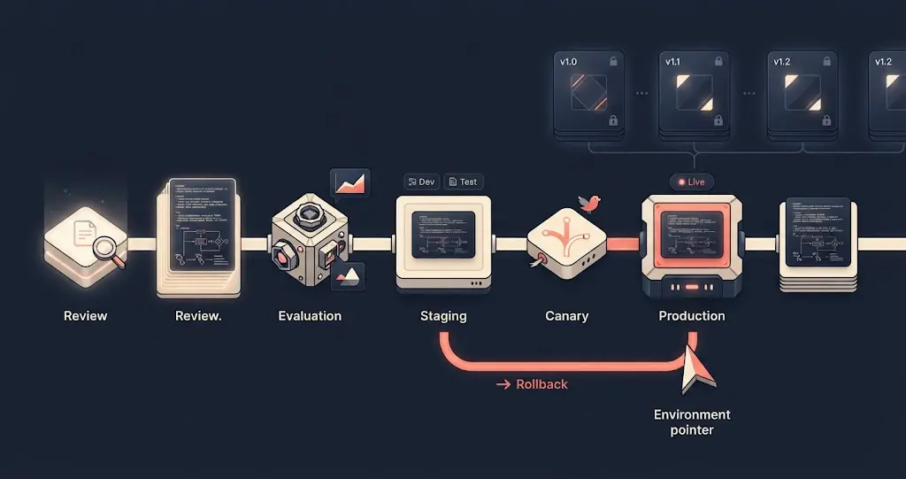 Illustration of an AI agent prompt moving through review, evaluation, promotion, traceability, and rollback controls