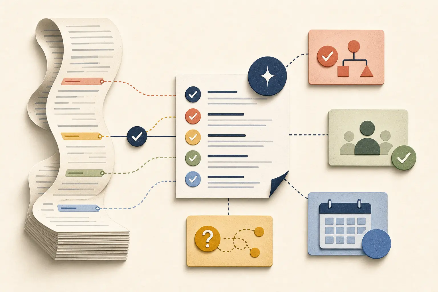 Illustration of a meeting summary example with required facts, source passages, unresolved ambiguity, and reviewer status