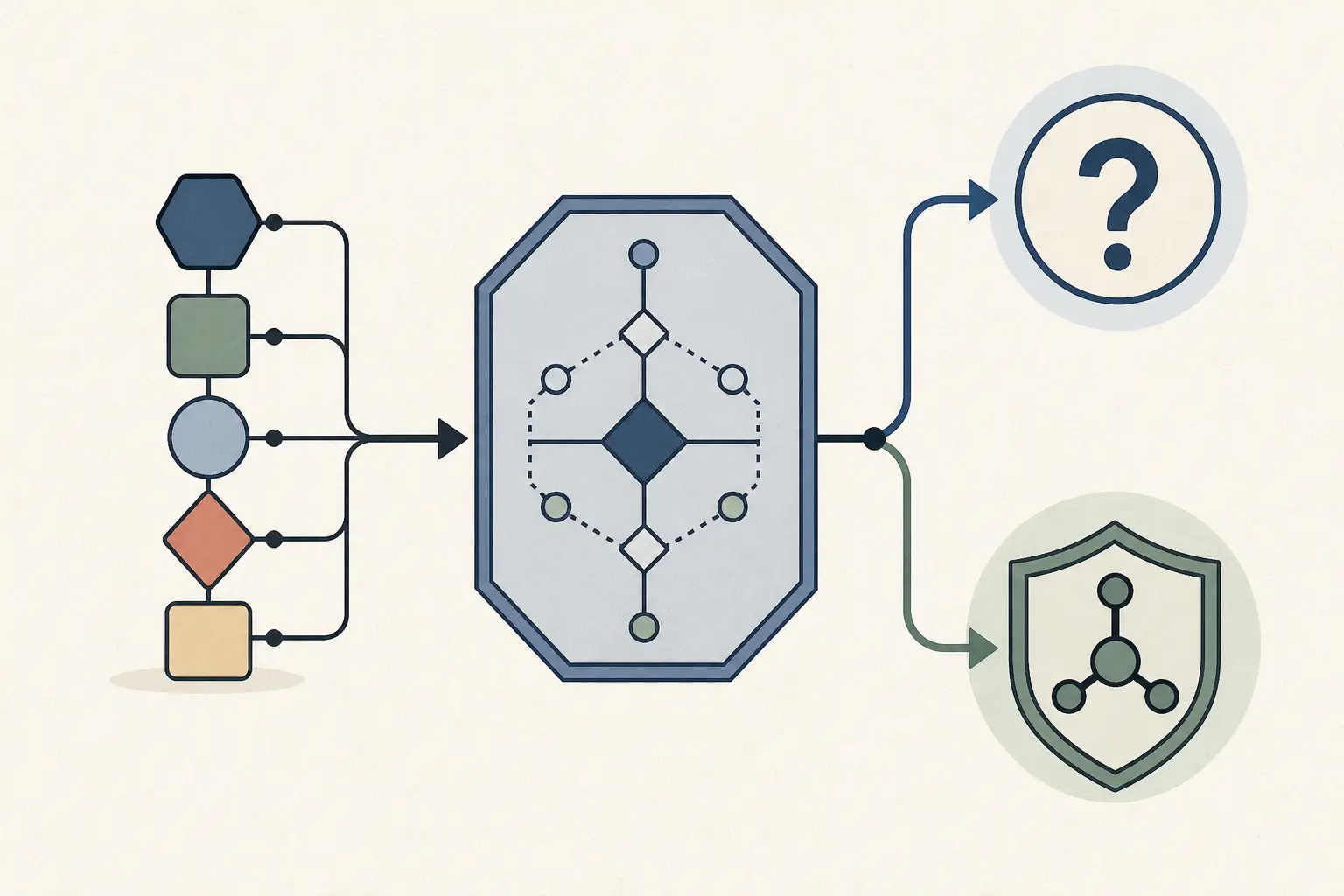 Illustration of a typed workflow state flowing into deterministic application rules before any side effect