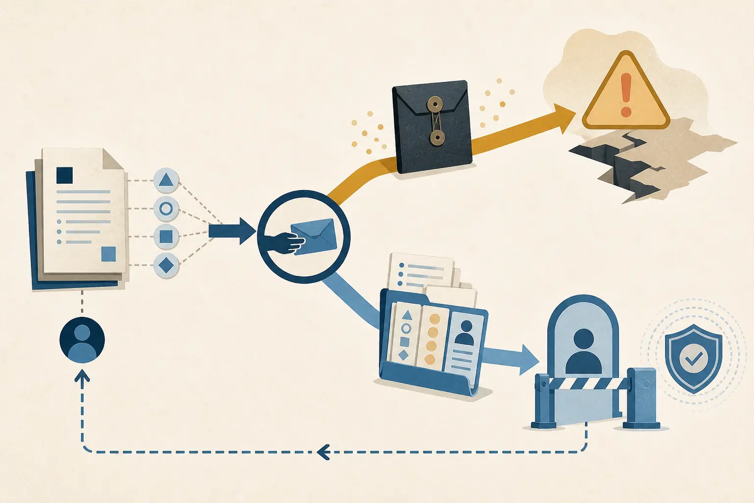 Illustration of an AI workflow handoff where hidden assumptions cause a maintenance decision to split into safe and unsafe paths