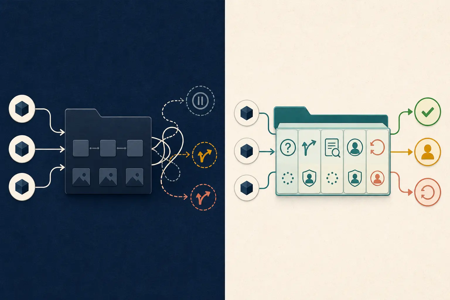 Illustration of an opaque and explicit AI workflow handoff packet compared across the same boundary test cases