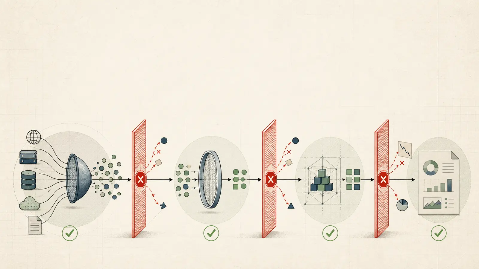 Illustration of four AI workflow stages passing local checks while a boundary assertion stops a wrong final report