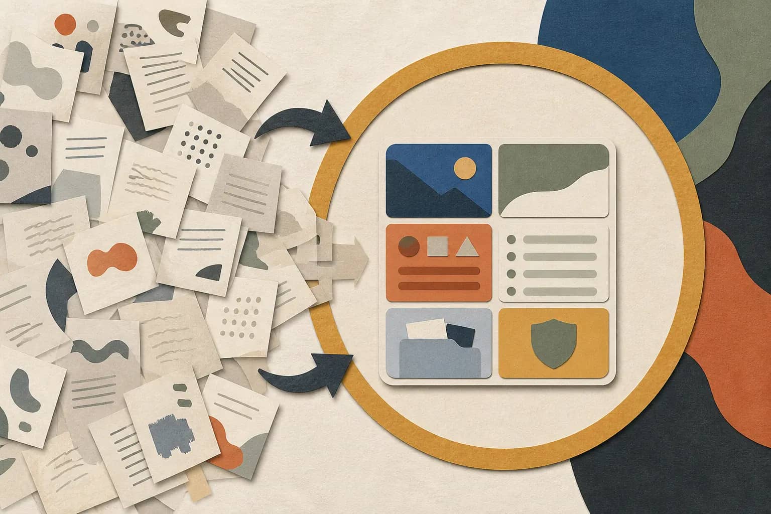 Illustration of a long AI-agent transcript becoming a compact structured task checkpoint