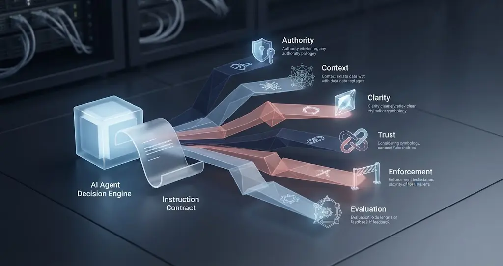 Illustration of an AI agent instruction contract passing through context, tools, guardrails, and evaluation
