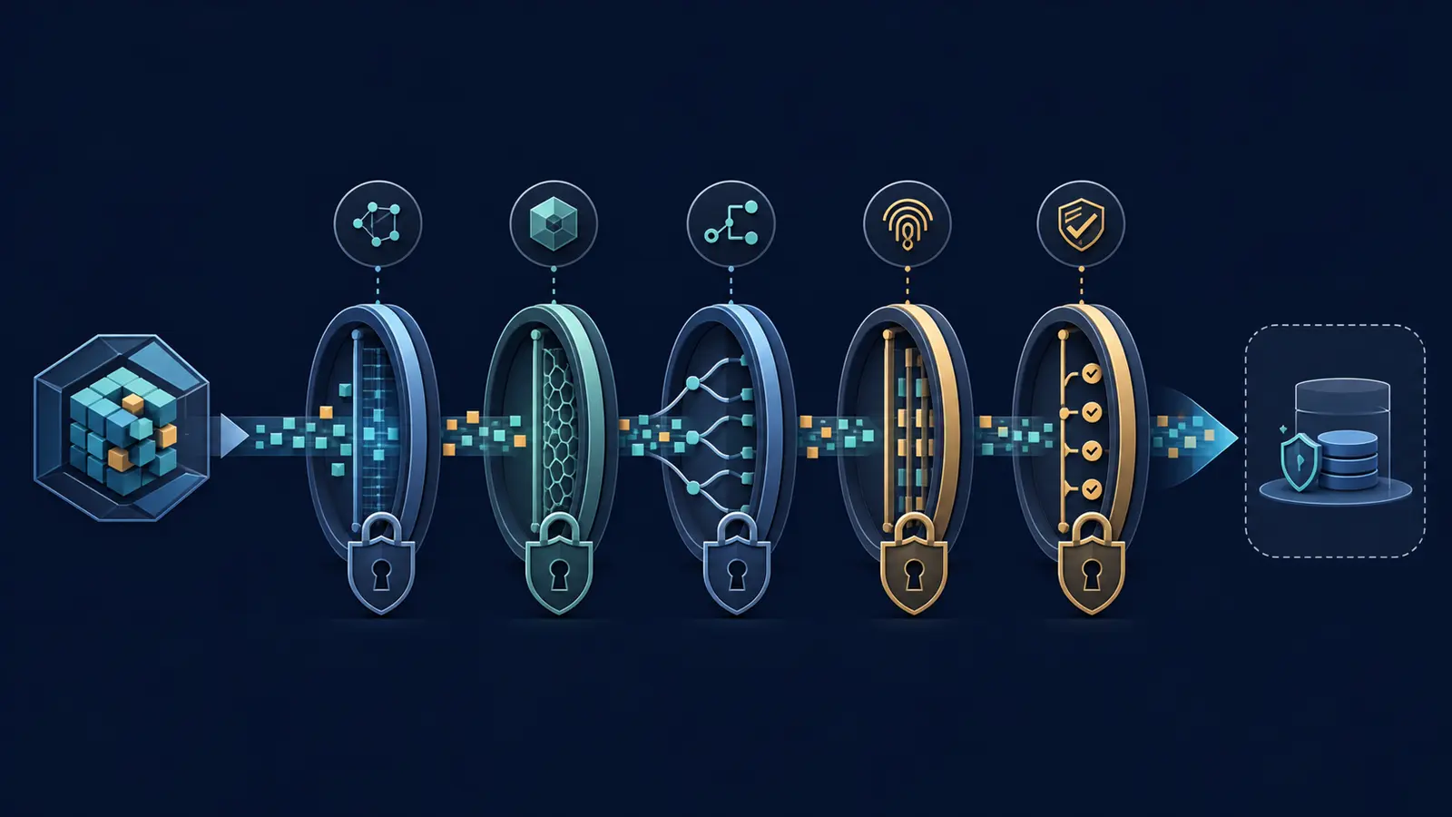 Illustration of valid JSON moving through semantic and business validators before an AI workflow side effect
