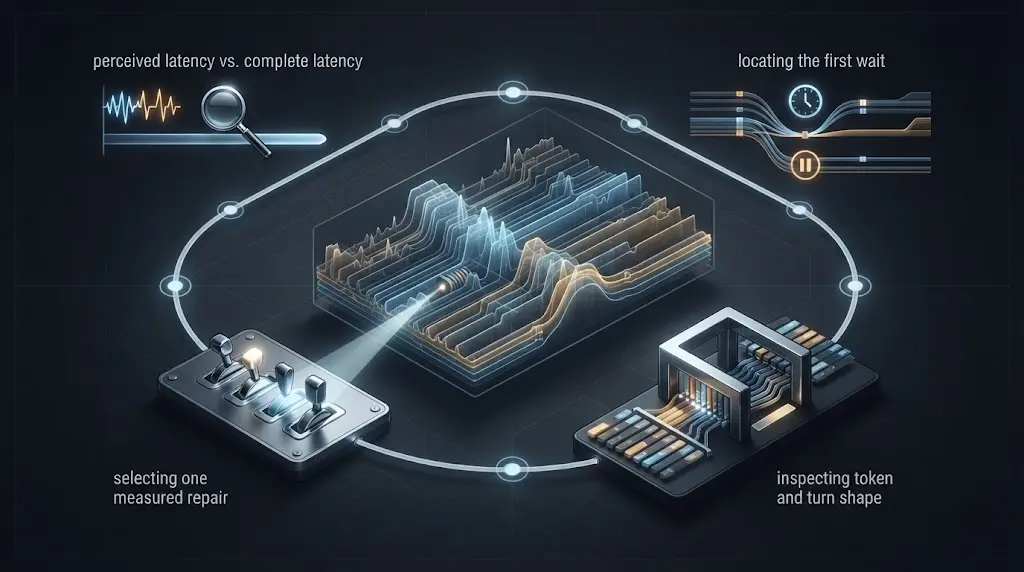 Illustration of the SLOW diagnostic framework separating perceived latency, locating the first wait, observing the trace, and choosing one repair